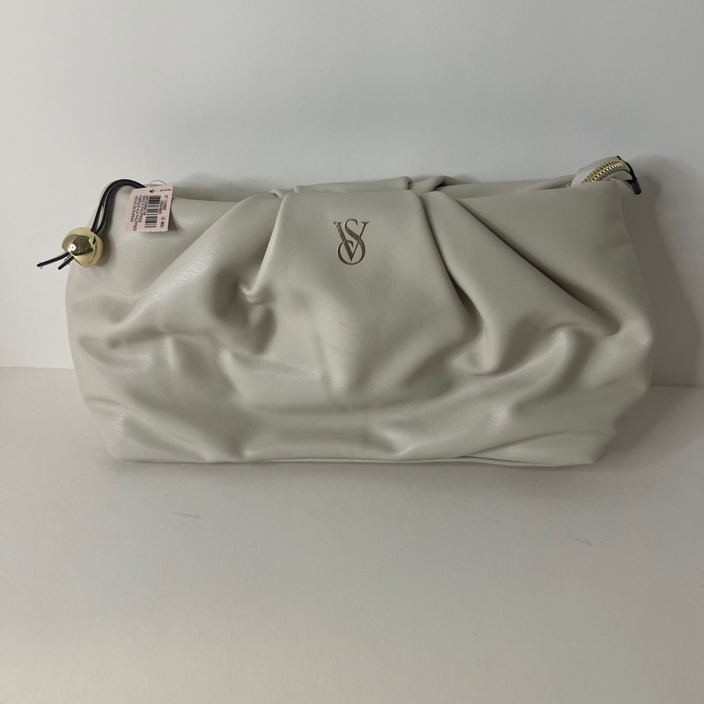 Victoria's Secret Faux Leather Puff Soft Clutch Zip Bag Beige NWT 6 x 11"